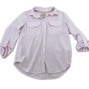Casa Cabana Pink Stripe Seersucker Button Down Shirt  Medium Roll Tab Sleeve